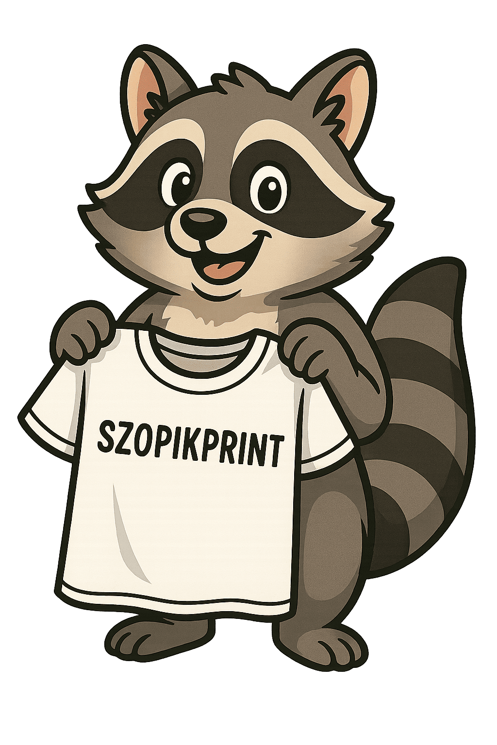 Szop, maskotka Szopikprint, trzyma koszulkę z napisem SZOPIKPRINT