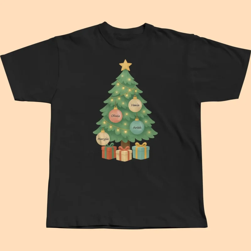 koszulka Świąteczna z imionami – personalizowana choinka 4 bombki