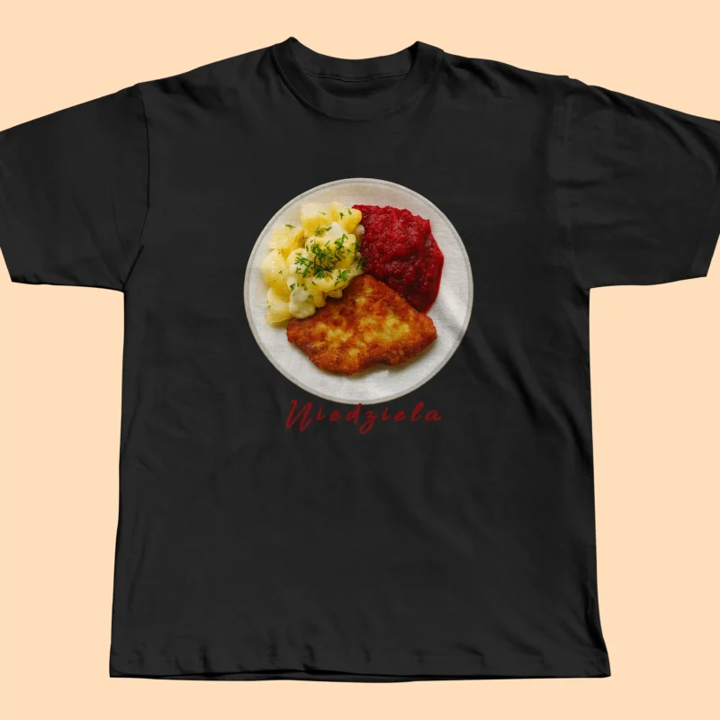 koszulka „niedziela” to t shirt z nadrukiem klasycznego polskiego obiadu – schabowego, ziemniaków i buraczków. idealna dla miłośników tradycji i domowej kuchni.