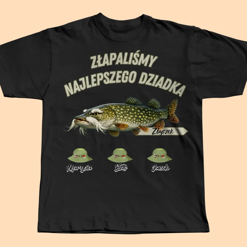 spersonalizowana koszulka „złapaliśmy najlepszego dziadka” – prezent dla dziadka wędkarza z imionami wnuków